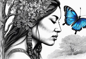 Tree with upper left branches forming a native American woman's face as she looks down onto the trees base and a lonely woman kneels there with 1 blue butterfly tattoo idea