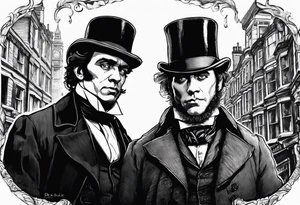 DR Jekyll and hyde, london 1800s, cobblestone, buildings, glass tattoo idea