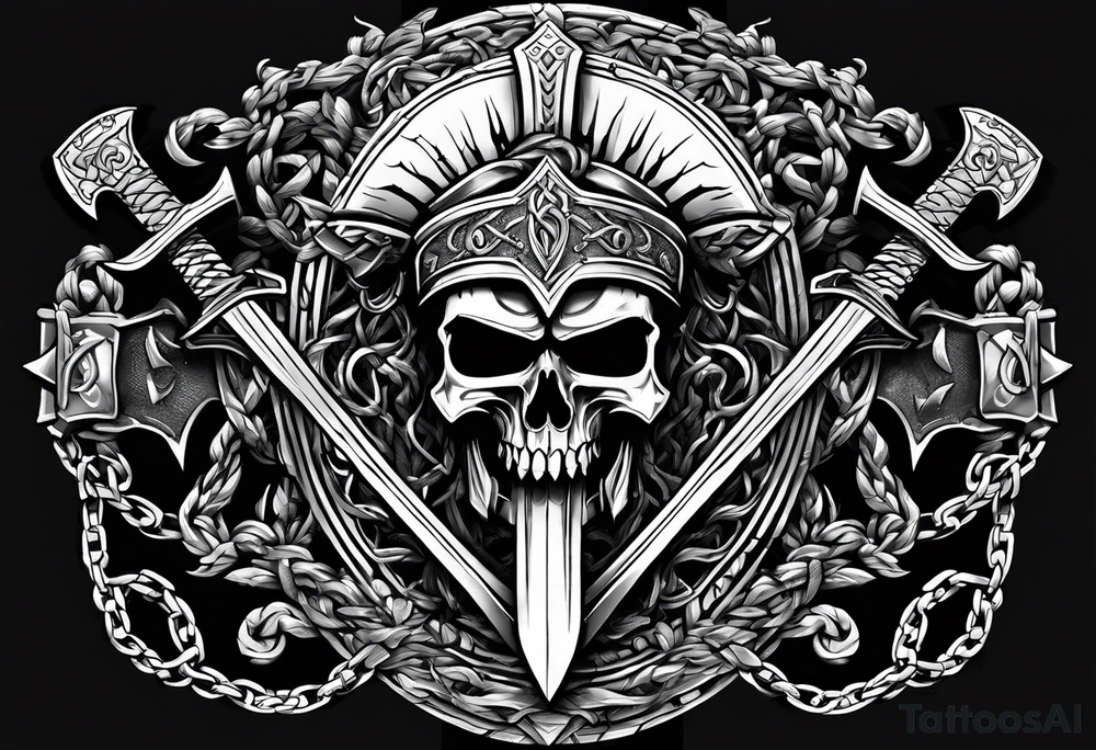 Valhalla sword shield axe barbed wire chains dark cloud tattoo idea