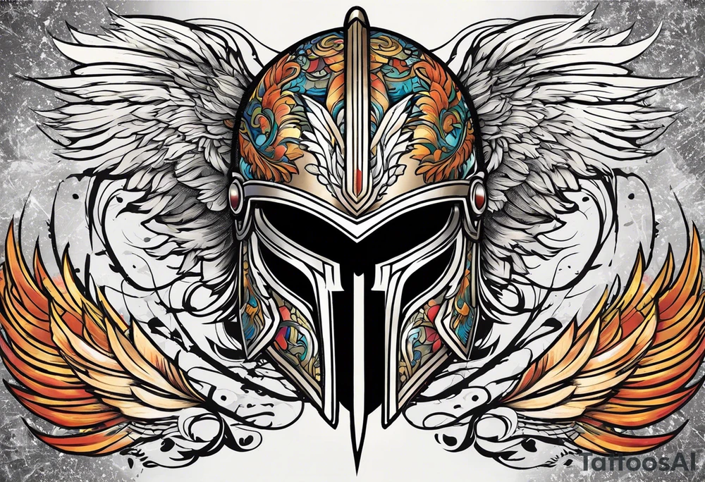 A Spartan Helmet with a phoenix encompassing it. The head of the phoenix would be above it and the wings would go around it and the tail would be below it tattoo idea