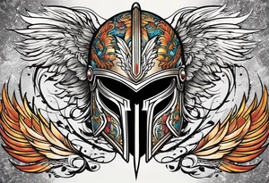 A Spartan Helmet with a phoenix encompassing it. The head of the phoenix would be above it and the wings would go around it and the tail would be below it tattoo idea