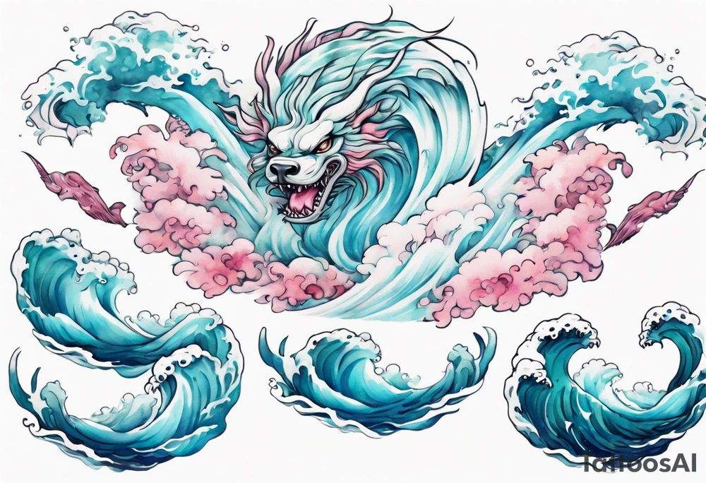 a beautiful turquoise pink and white Falkor rising from the blue waves of the ocean tattoo idea