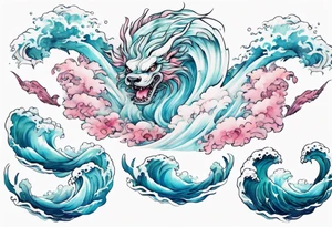 a beautiful turquoise pink and white Falkor rising from the blue waves of the ocean tattoo idea