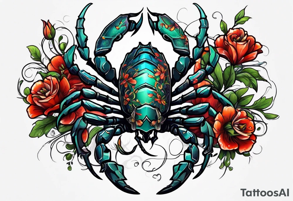 futuristic scorpion animation with flowers bloody tattoo idea
