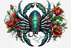 futuristic scorpion animation with flowers bloody tattoo idea