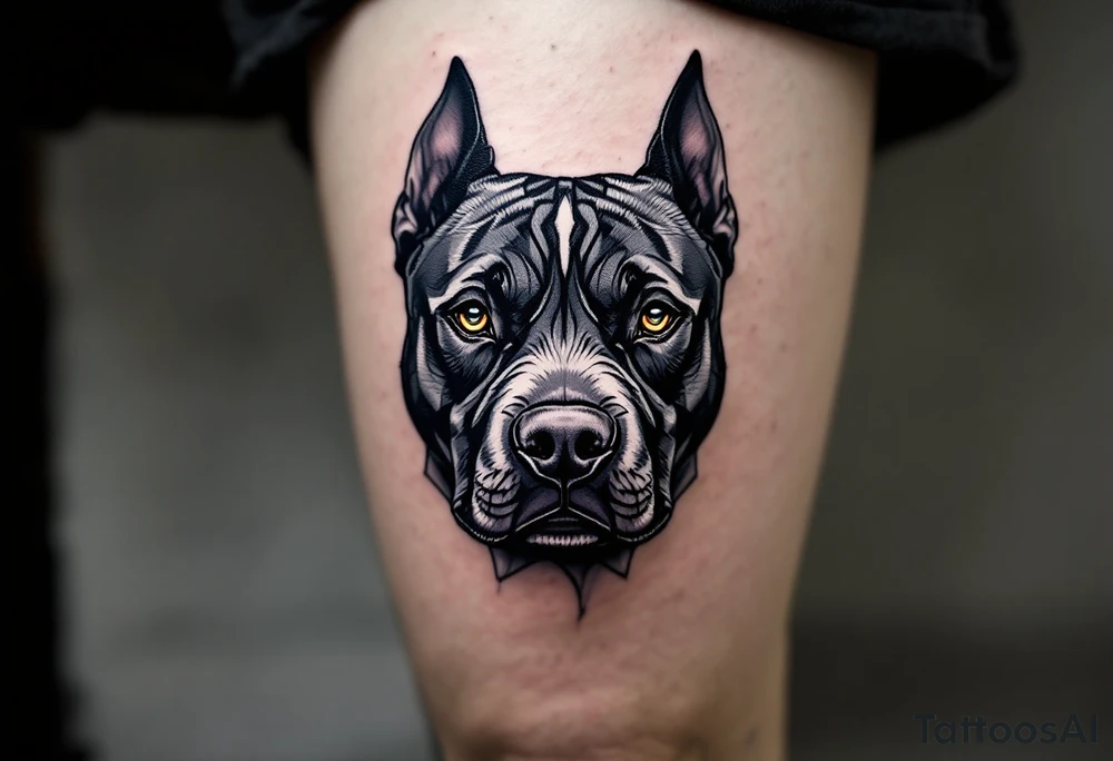 Black and gray pitbull head in realistic style, ears cropped, eyes intense, detailed fur texture with subtle shading for depth. tattoo idea