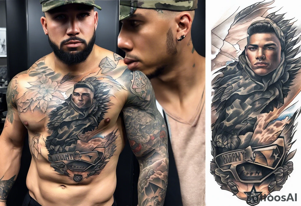 Ripped skin with a U.S. Army uniform under it on the chest tattoo idea