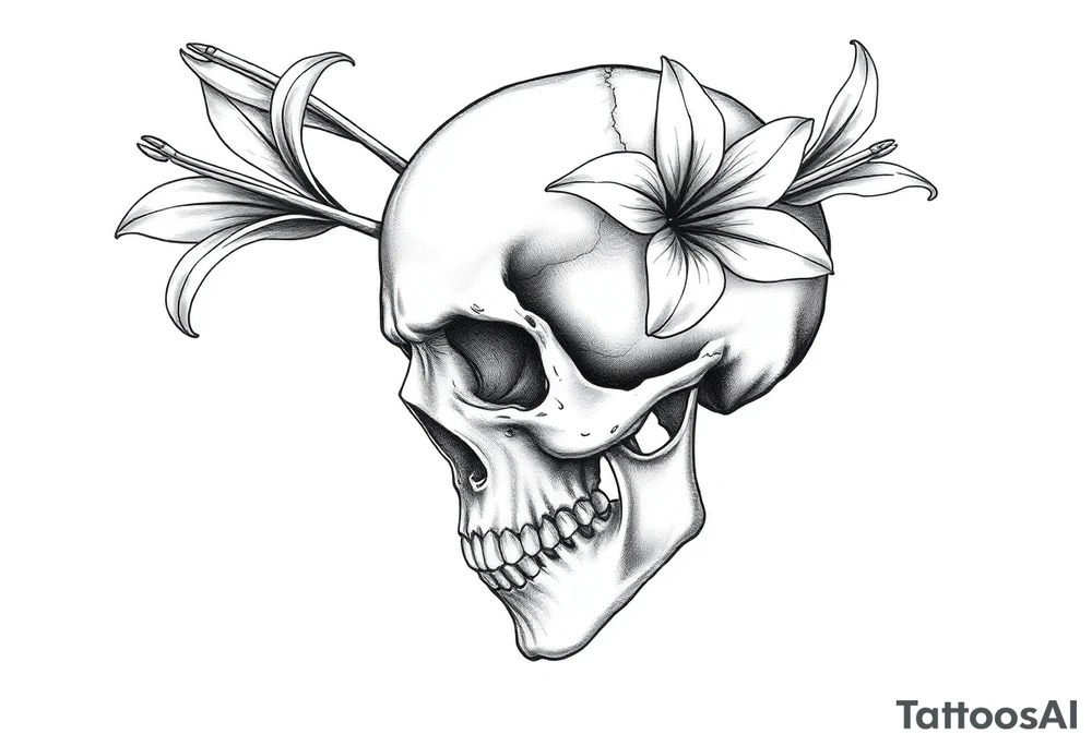 Lillies coming out of back of humanoid skull tattoo idea