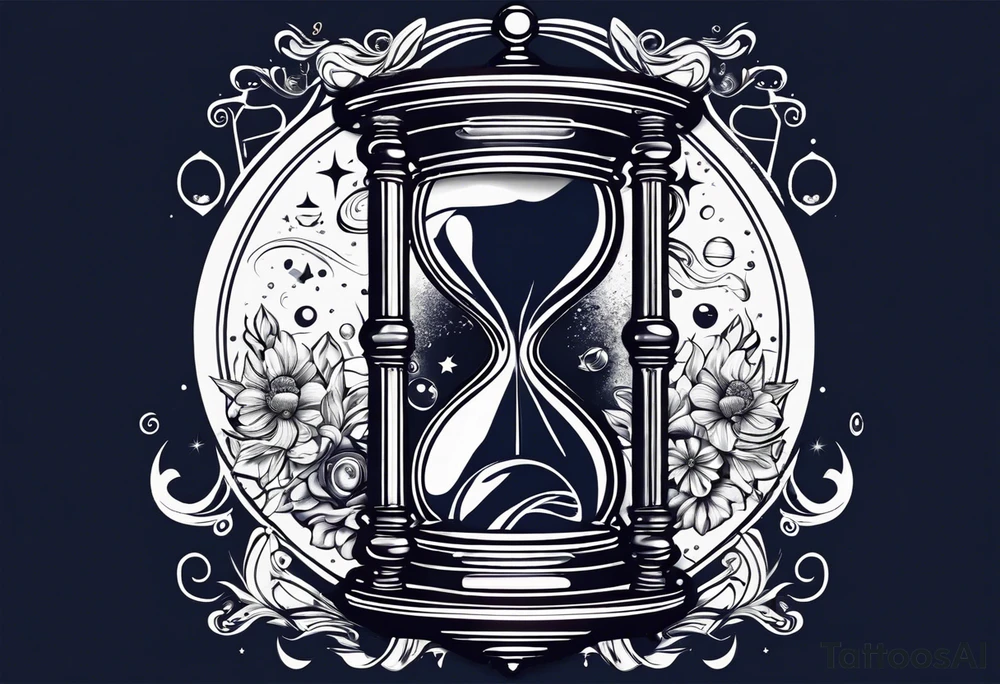Mix an hourglass with a nautical clock with the addition of planets, galaxies and flower spikes to give a design to print on a t-shirt, the design should be in one color in the form of a tattoo and all the shapes should be mixed to give one shape tattoo idea