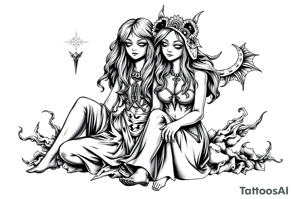 Two sisters sitting next tattoo idea