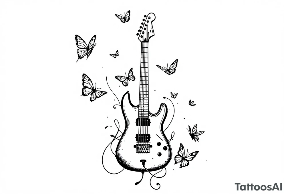 An electric guitar plugged into an amp with 5 butterflies flying around it tattoo idea