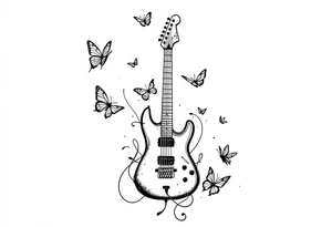 An electric guitar plugged into an amp with 5 butterflies flying around it tattoo idea