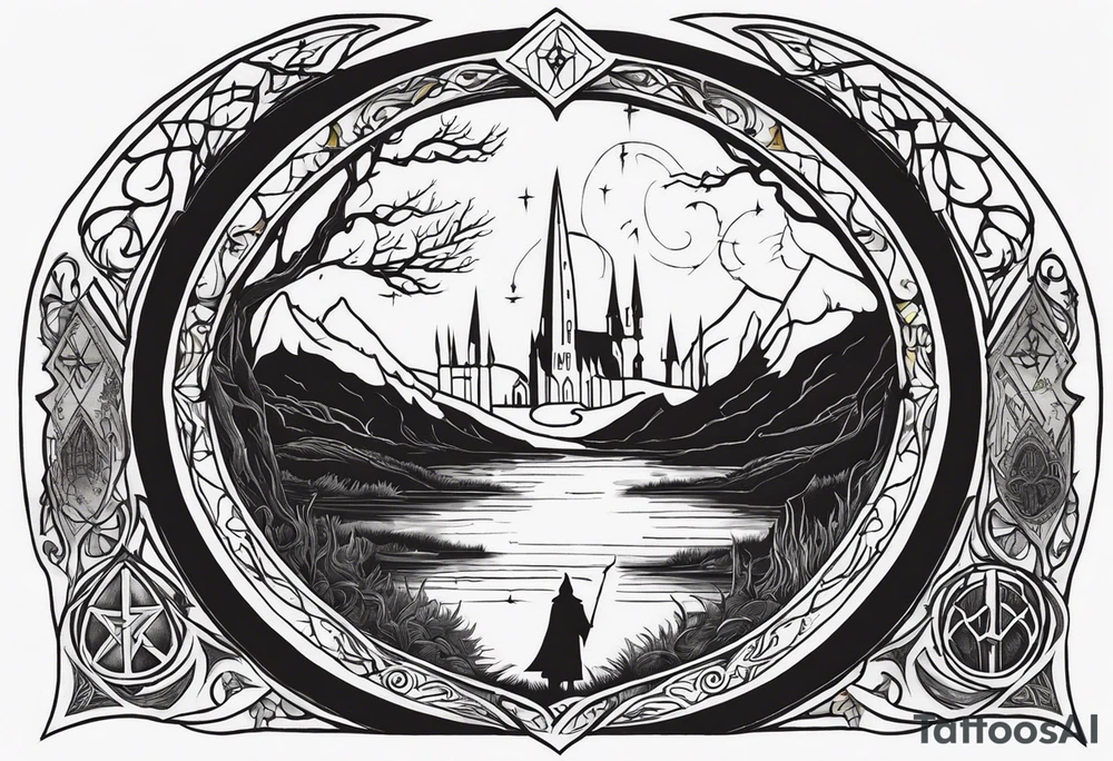 Lord of the rings and Harry Potter movie mashup. Small and simple. Not too much artistic detail. Hobbit door hole, wands, elvish writing, deathly hallows tattoo idea