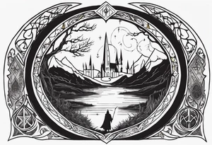 Lord of the rings and Harry Potter movie mashup. Small and simple. Not too much artistic detail. Hobbit door hole, wands, elvish writing, deathly hallows tattoo idea