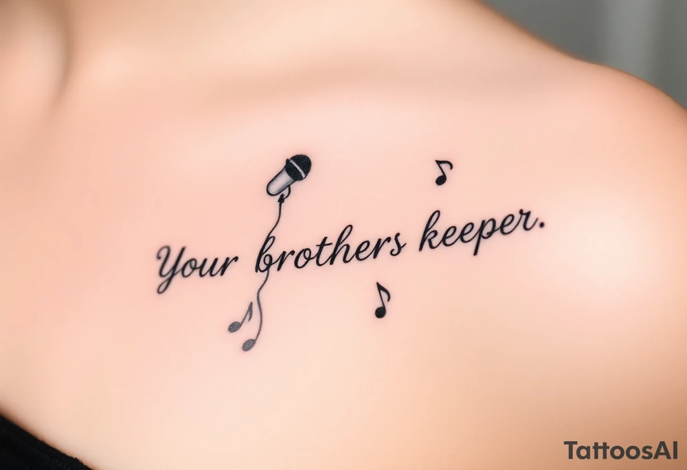 A microphone end of cord drawing the words “My brothers keeper” and music notes tattoo idea
