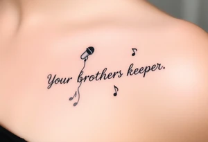 A microphone end of cord drawing the words “My brothers keeper” and music notes tattoo idea