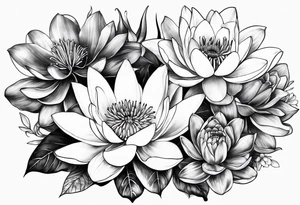 Water lilies and larkspur bouquet tattoo idea