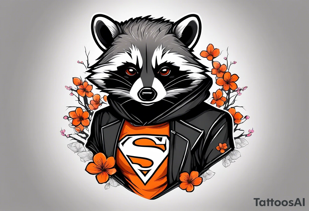 Raccoon wearing a white Superman logo on a black hoodie and orange Japanese cherry blossoms tattoo idea