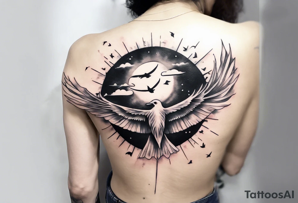 a shoulder round shape tattoo with lots of rays of light in gradient starting from the middle
, clouds and birds flying free tattoo idea