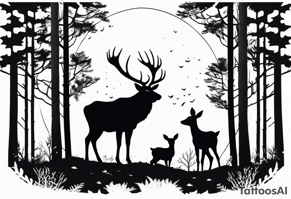 a large majestic male with large antlers, a graceful female and a small fawn. In the background, majestic trees, such as spruce and birch, tattoo idea