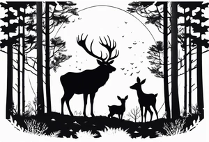 a large majestic male with large antlers, a graceful female and a small fawn. In the background, majestic trees, such as spruce and birch, tattoo idea