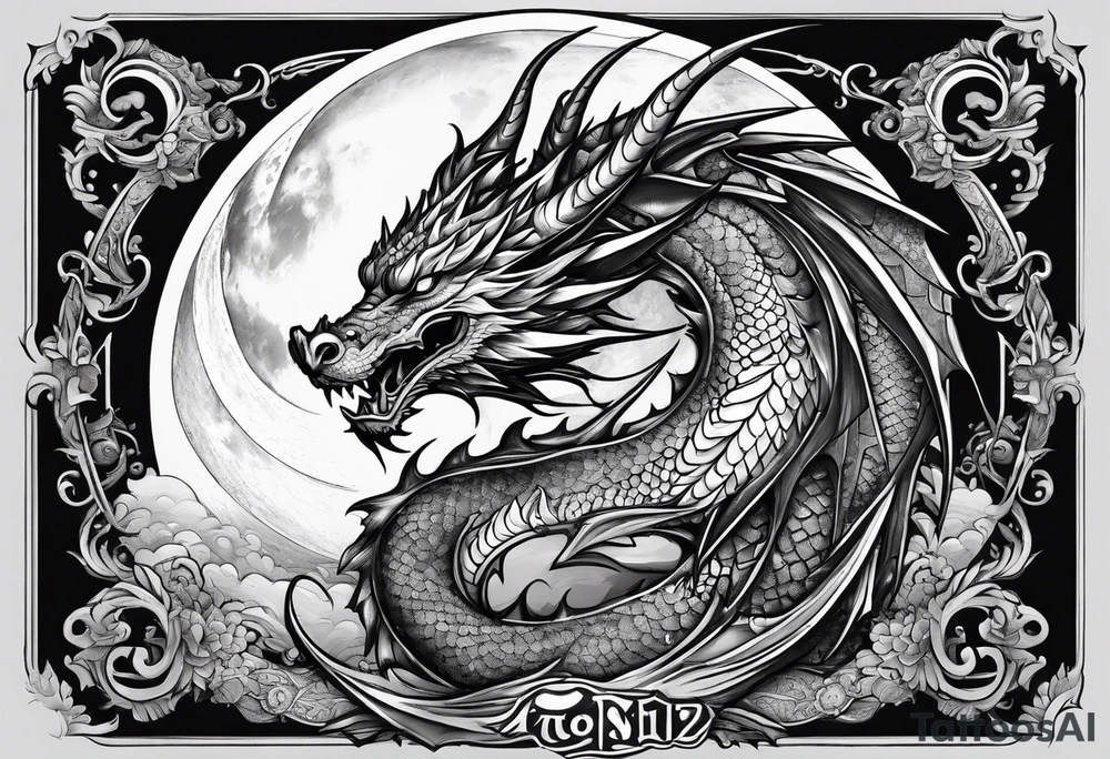 Dragon Seven number shape with full Moon in background tattoo idea