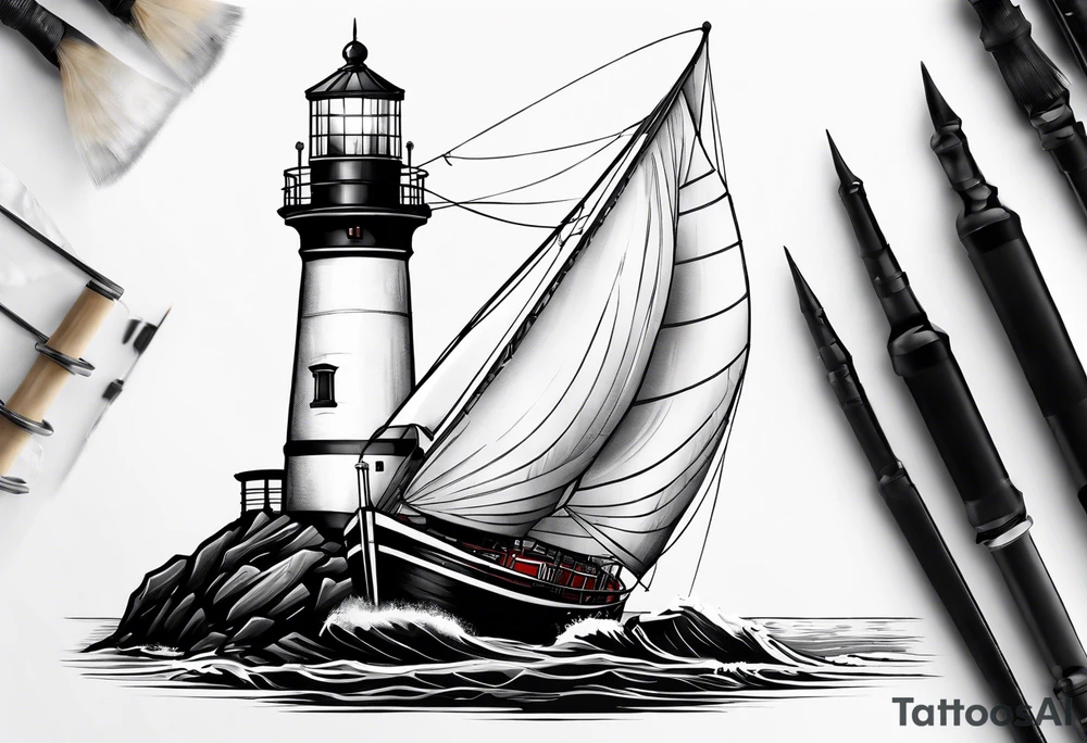 maritime lighthouse partially hidden by its  large fixed sails. tattoo idea