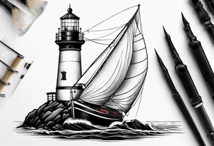 maritime lighthouse partially hidden by its  large fixed sails. tattoo idea