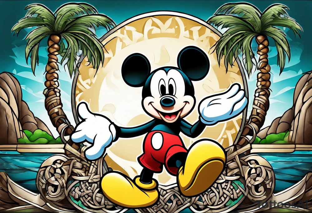 mickey mouse in mortal combat style with palm trees and the celtic symbol for family tattoo idea