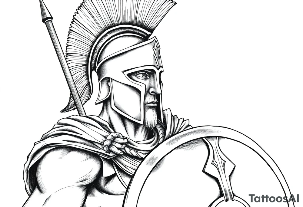 Spartan soldier, stoic face, holding a spear and shield, realism style. tattoo idea