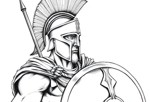 Spartan soldier, stoic face, holding a spear and shield, realism style. tattoo idea