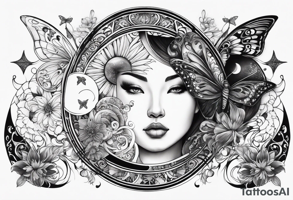 sun & moon, ying & yang, coi fish, and butterflies arm sleeve tattoo idea