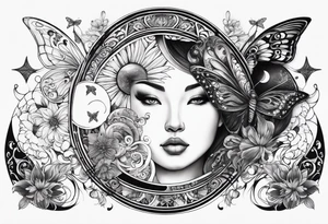 sun & moon, ying & yang, coi fish, and butterflies arm sleeve tattoo idea