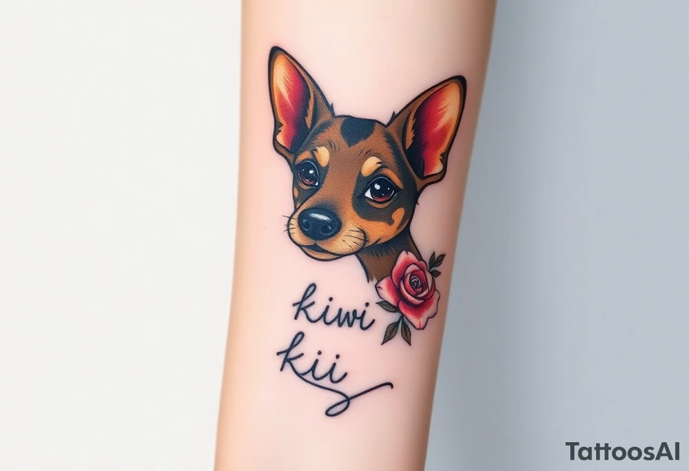 Cute female  hound dog mix Brindle dog with the name kiwi . And a tiny rose around her . With her ears pointy a little big tattoo idea