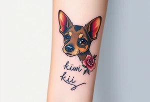 Cute female  hound dog mix Brindle dog with the name kiwi . And a tiny rose around her . With her ears pointy a little big tattoo idea