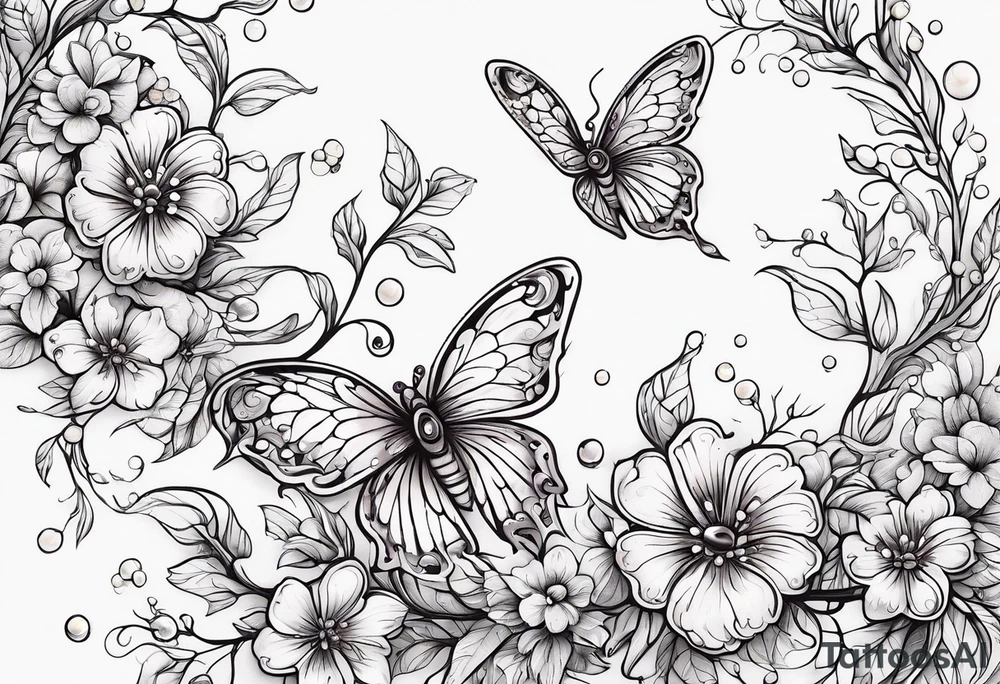 Winding branches and leaves and tiny flowers with a small moth and bubbles tattoo idea