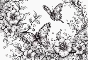 Winding branches and leaves and tiny flowers with a small moth and bubbles tattoo idea