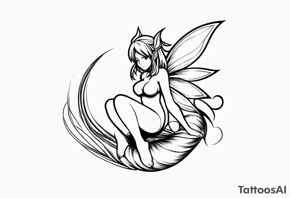 A fairy with a tail inspired by the logo of the show called Fairy Tail in a fetal position leaning in tattoo idea