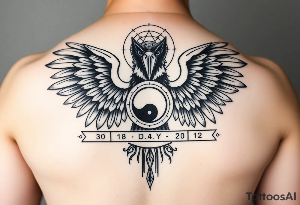 Create a detailed upper back tattoo design featuring a central figure with a crow head facing forward, a human body, and two symmetrical angel wings extending outward. The design should include geometric elements like circles and lines, a yin-yang symbol in the center, and text or numbers resembling coordinates or dates along a horizontal line. Use a grayscale style with intricate shading, ensuring a balanced and bold composition. Avoid side profiles for the crow head, keeping it directly forward tattoo idea