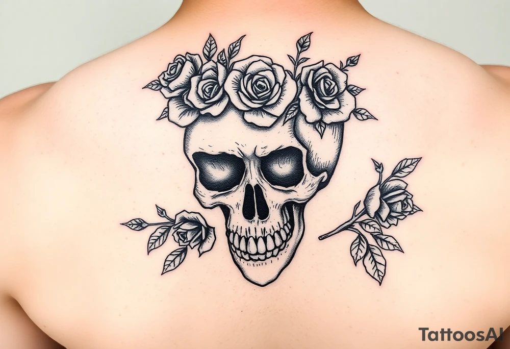 ornate skull adorned with crown of wild roses and thorns tattoo idea