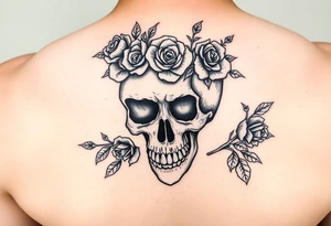 ornate skull adorned with crown of wild roses and thorns tattoo idea