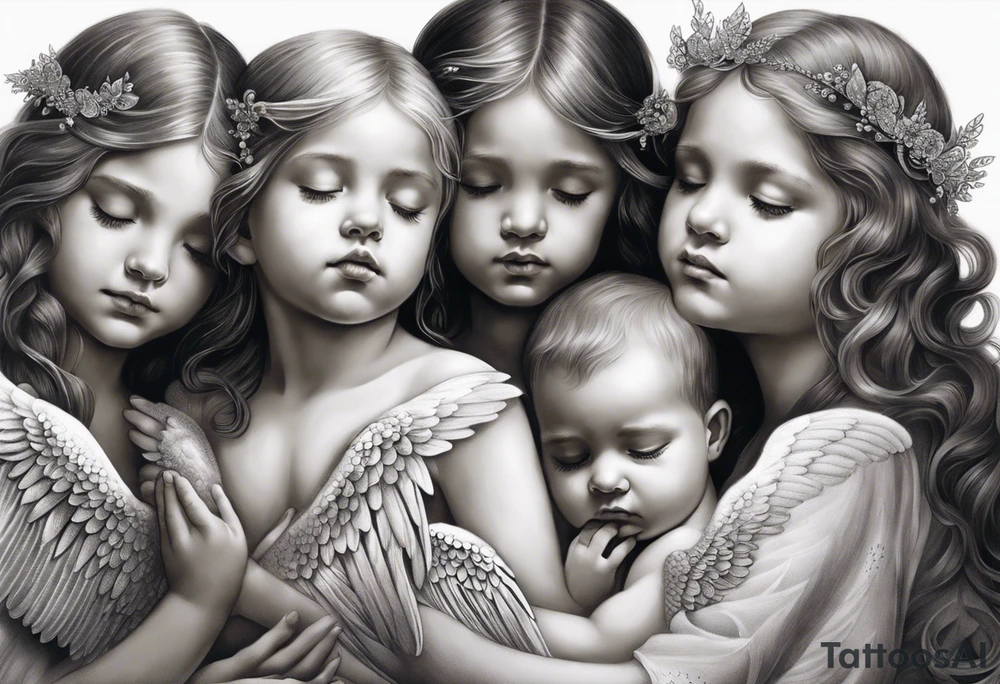 Six angels praying together. two boy angels are standing in the back of the three girl angel, with their wings gently enfolding a baby angel in a protective embrace tattoo idea