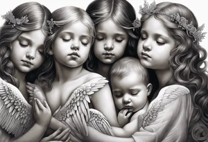 Six angels praying together. two boy angels are standing in the back of the three girl angel, with their wings gently enfolding a baby angel in a protective embrace tattoo idea