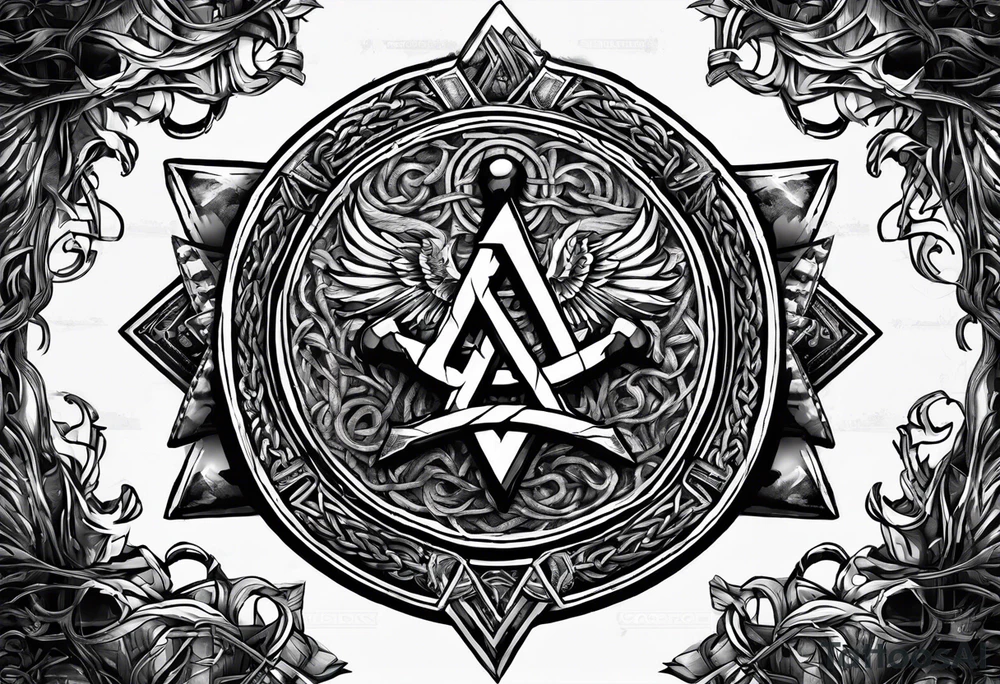 Valhalla sword shield  axe Valknut barbed wire chains tattoo idea