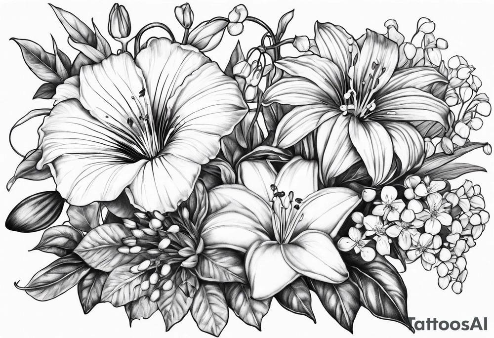 Aster, morning glory and lily of the valley flowers tattoo idea