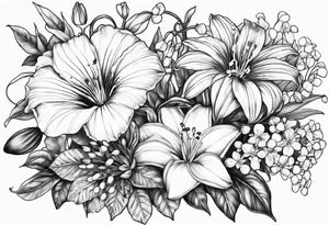 Aster, morning glory and lily of the valley flowers tattoo idea