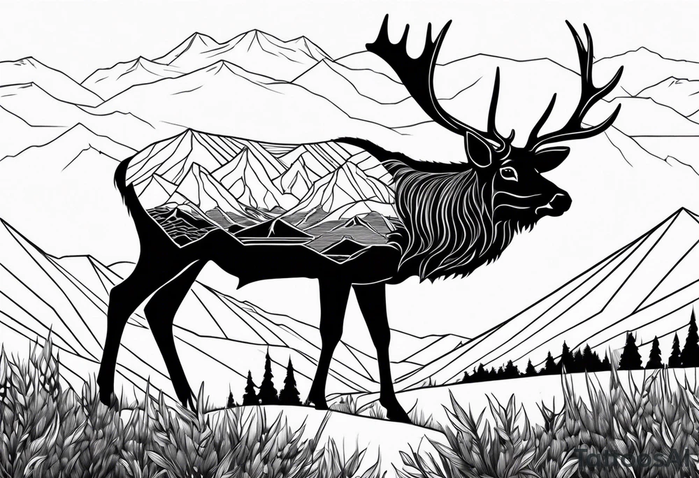 small elk in a field with mountains in the background tattoo idea