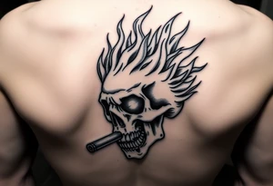 Skull engulfed in vibrant flames, cigar smoldering in its jaw. tattoo idea