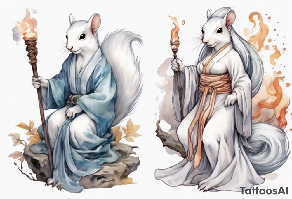 a white squirrel with long feminine hair and a grey robe, holding a sorceress staff tattoo idea