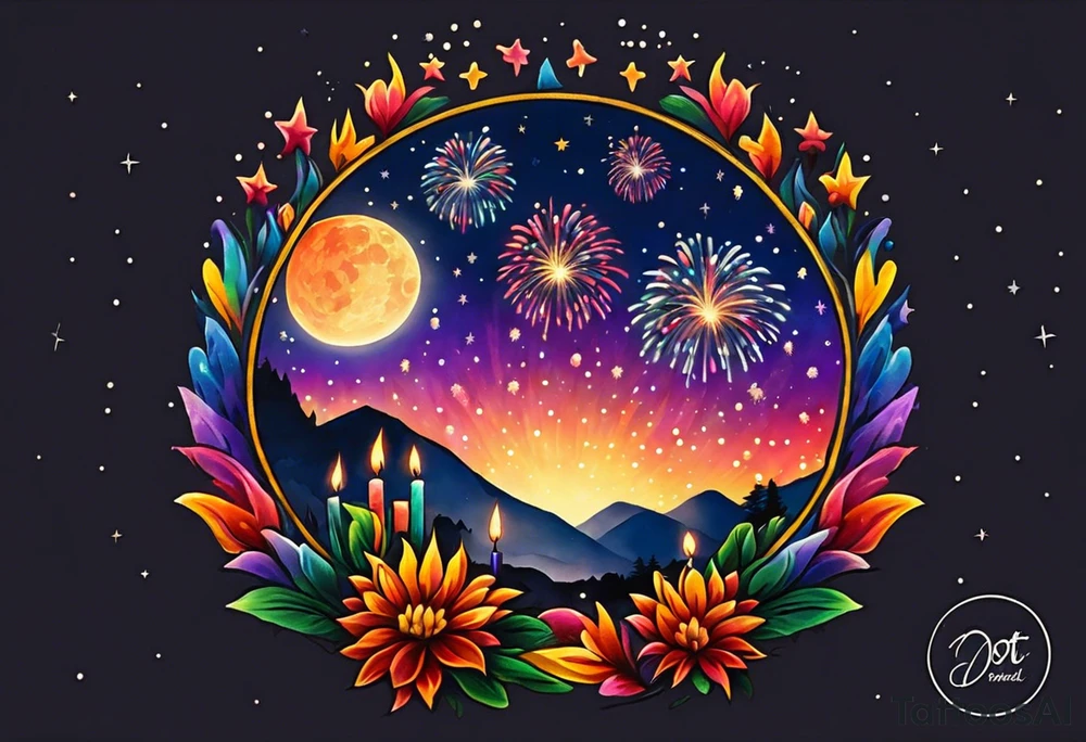 Fireworks burst across the night sky, surrounded by glowing candles and stars, capturing the magic and nostalgia of Colombian December nights. The scene is vibrant with multi-colored lights and an air of celebration. Soft linework mist or halos around the fireworks adds a magical, dreamy quality to the scene. The tattoo reflects joy and tradition, with an emphasis on warmth and festivity. tattoo idea